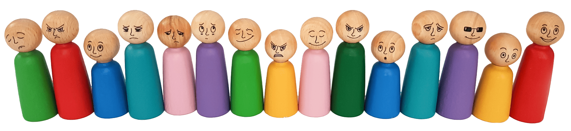 Verschiedenfarbige Holzfiguren mit unterschiedlichen Gefühlsausdrücken in einer Reihe aufgestellt.